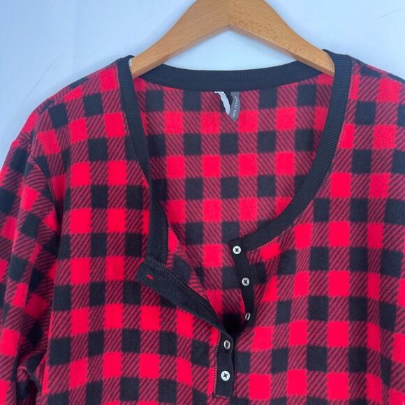 Jaclyn Intimates Red Black Buffalo Plaid Fleece Button Vneck Sleep Top Size 2X - Picture 4 of 9